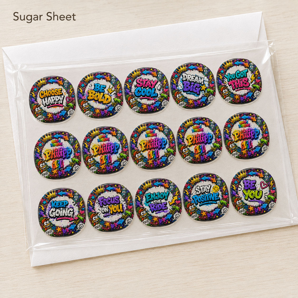 Graffiti style edible cupcake toppers packaged flat in a protective sleeve, ready for shipping