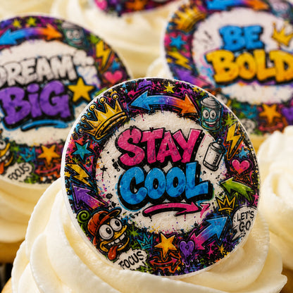 Close-up of graffiti style edible cupcake topper showing colorful spray-paint text design detail