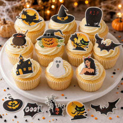 13 essbare Halloween-Cupcake-Topper – vorgeschnitten auf Oblatenpapier, Zuckerfolie oder ohne Schneiden von Chocotransfer