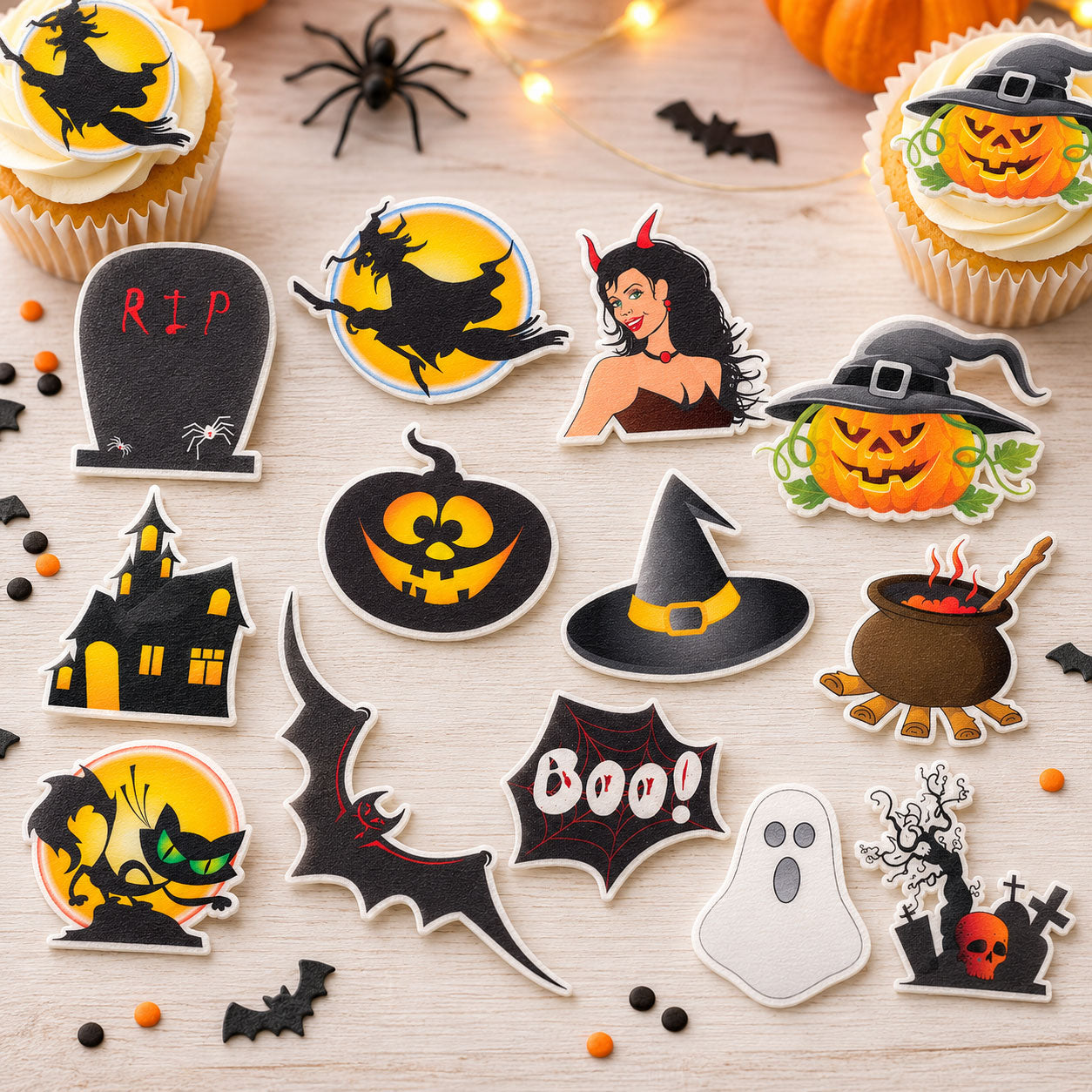 13 essbare Halloween-Cupcake-Topper – vorgeschnitten auf Oblatenpapier, Zuckerfolie oder ohne Schneiden von Chocotransfer