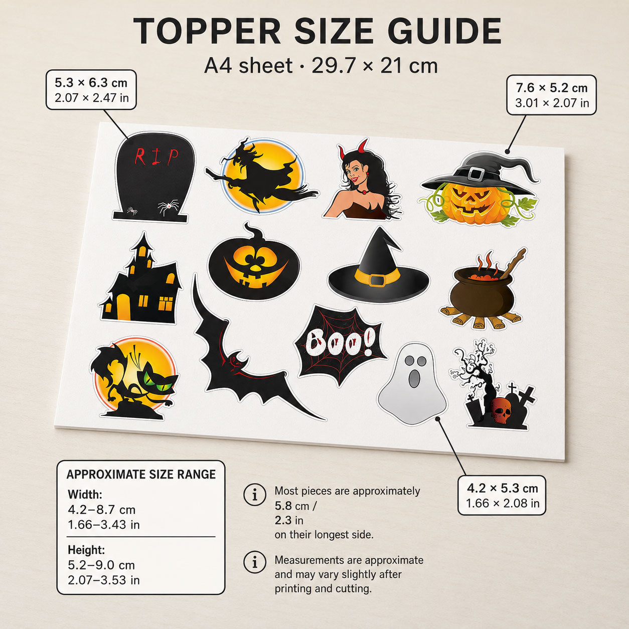 13 essbare Halloween-Cupcake-Topper – vorgeschnitten auf Oblatenpapier, Zuckerfolie oder ohne Schneiden von Chocotransfer