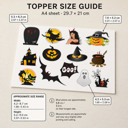 13 essbare Halloween-Cupcake-Topper – vorgeschnitten auf Oblatenpapier, Zuckerfolie oder ohne Schneiden von Chocotransfer