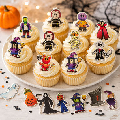 18 essbare Halloween-Cupcake-Topper – vorgeschnitten auf Oblatenpapier, Zuckerfolie oder ohne Schneiden von Chocotransfer