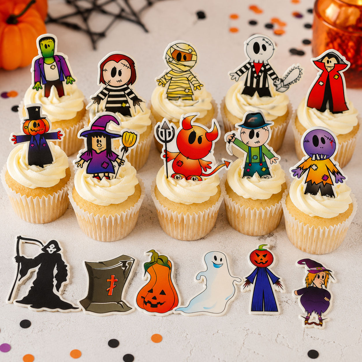 18 essbare Halloween-Cupcake-Topper – vorgeschnitten auf Oblatenpapier, Zuckerfolie oder ohne Schneiden von Chocotransfer