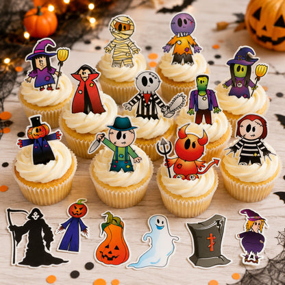 18 essbare Halloween-Cupcake-Topper – vorgeschnitten auf Oblatenpapier, Zuckerfolie oder ohne Schneiden von Chocotransfer