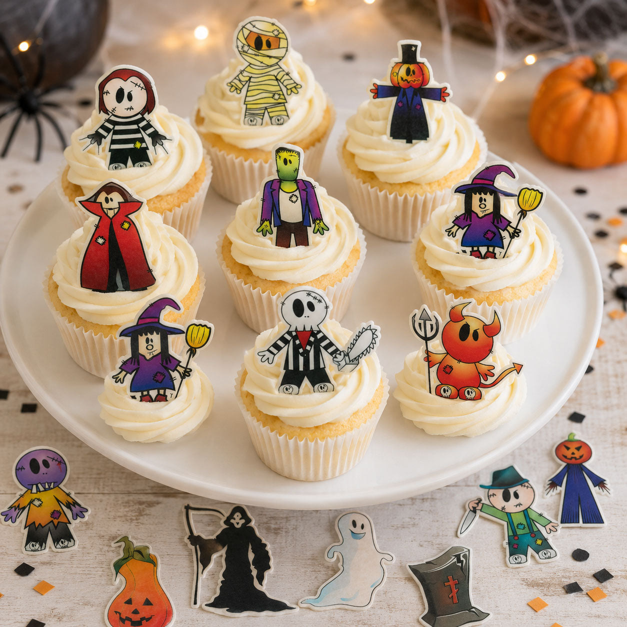 18 essbare Halloween-Cupcake-Topper – vorgeschnitten auf Oblatenpapier, Zuckerfolie oder ohne Schneiden von Chocotransfer