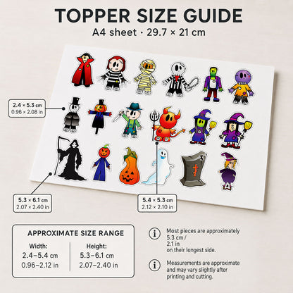 18 essbare Halloween-Cupcake-Topper – vorgeschnitten auf Oblatenpapier, Zuckerfolie oder ohne Schneiden von Chocotransfer