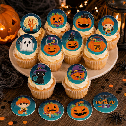 Pumpkin patch Halloween edible cupcake toppers on frosted cupcakes with jack-o-lantern designs