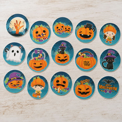 Pumpkin patch Halloween edible cake toppers flat lay with jack-o-lanterns and trick-or-treat basket