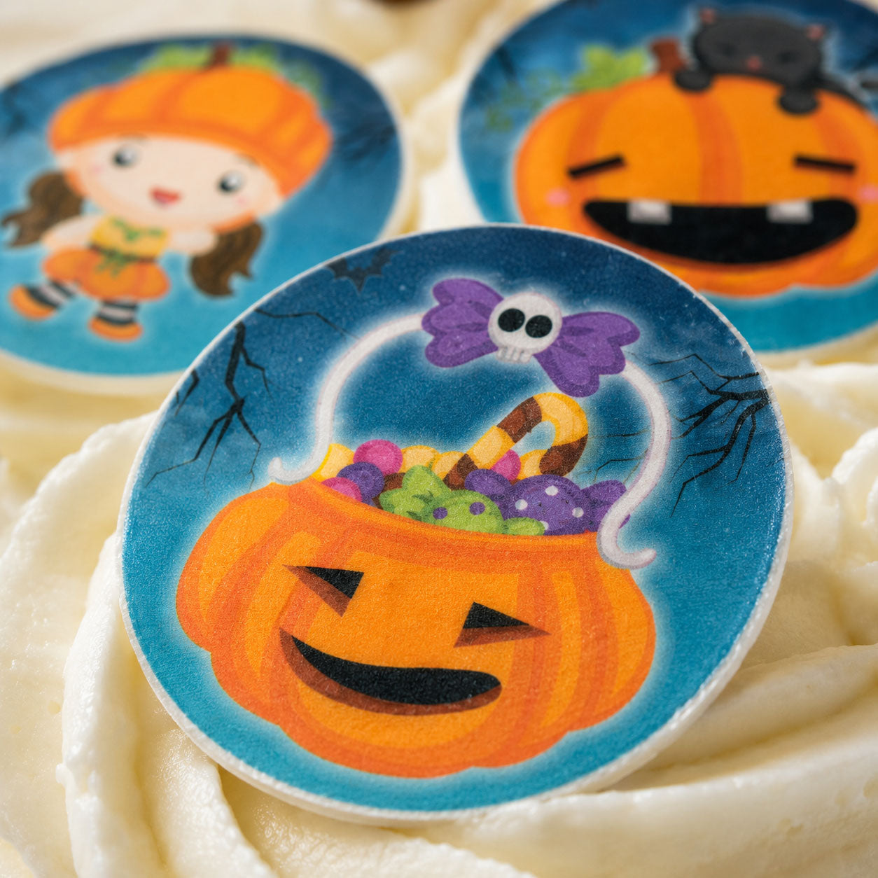 Close-up of pumpkin patch Halloween edible topper showing trick-or-treat basket design detail