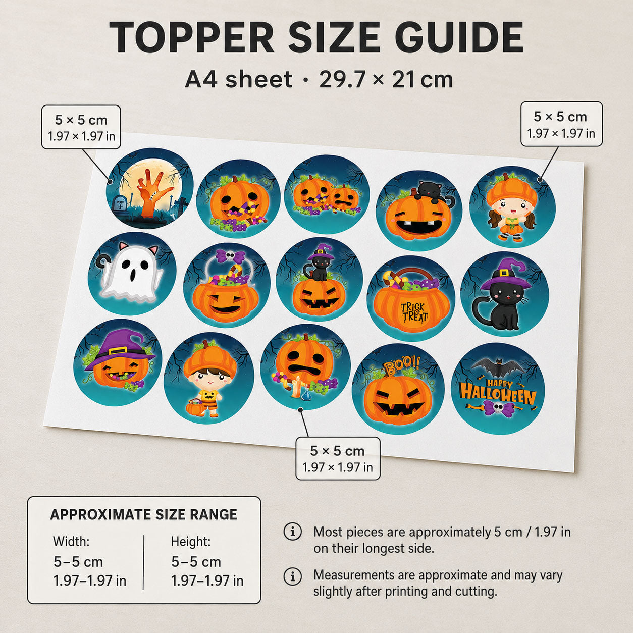 Pumpkin patch Halloween edible topper size guide showing 15 designs on an A4 sheet, 5 x 5 cm each