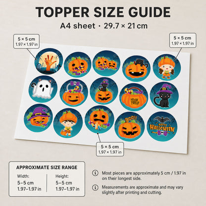 Pumpkin patch Halloween edible topper size guide showing 15 designs on an A4 sheet, 5 x 5 cm each