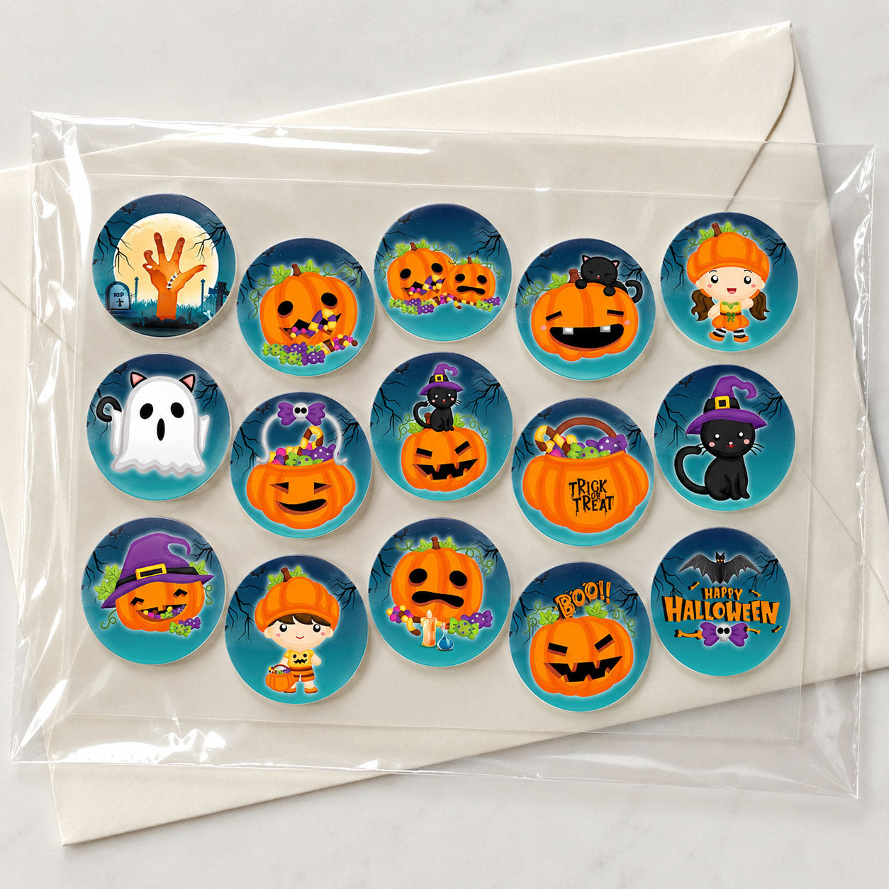 Pumpkin patch Halloween edible cake toppers packaged flat in a protective sleeve for shipping