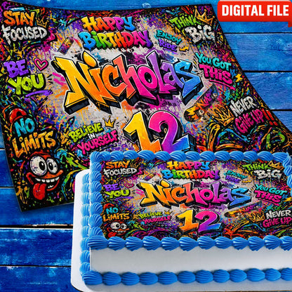 Graffiti Birthday Edible cake topper digital file – custom name and age for birthday cake