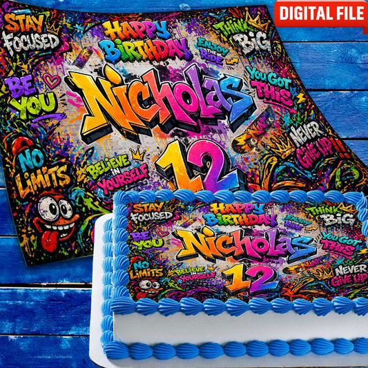 Graffiti Birthday Edible cake topper digital file – custom name and age for birthday cake