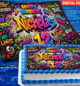 Graffiti Birthday Edible cake topper digital file – custom name and age for birthday cake