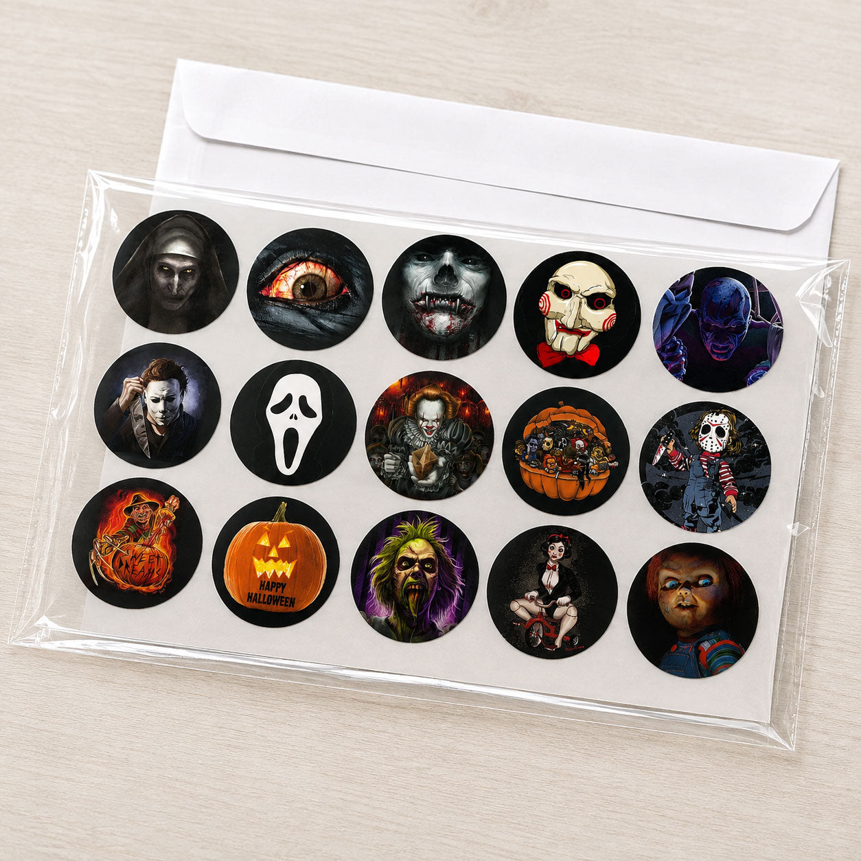Horror movie themed edible cake toppers packaged flat in a protective sleeve for shipping