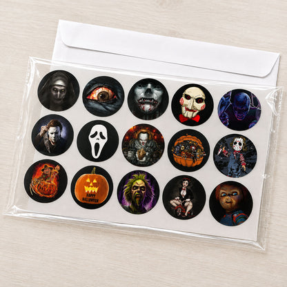 Horror movie themed edible cake toppers packaged flat in a protective sleeve for shipping
