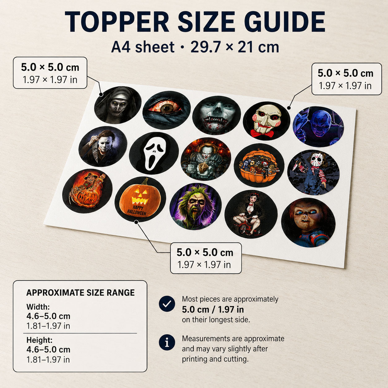 Horror movie edible topper size guide showing 15 designs on an A4 sheet, each 5 x 5 cm