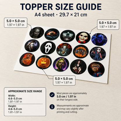 Horror movie edible topper size guide showing 15 designs on an A4 sheet, each 5 x 5 cm
