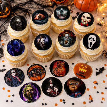 Horror movie themed edible cupcake toppers on frosted cupcakes with classic horror fan art designs