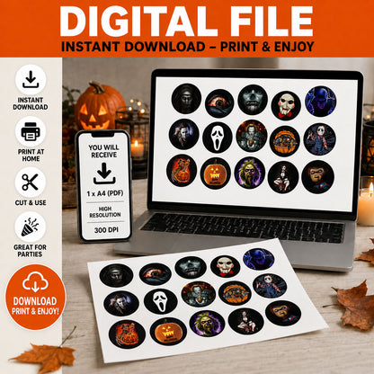 Digital file option for horror movie themed edible cake toppers, instant download to print at home