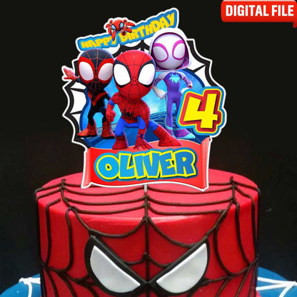 Spidey-Geburtstags-Kuchenaufsatz aus Kunststoff, Spidey-Themenparty, personalisierter Kuchenaufsatz