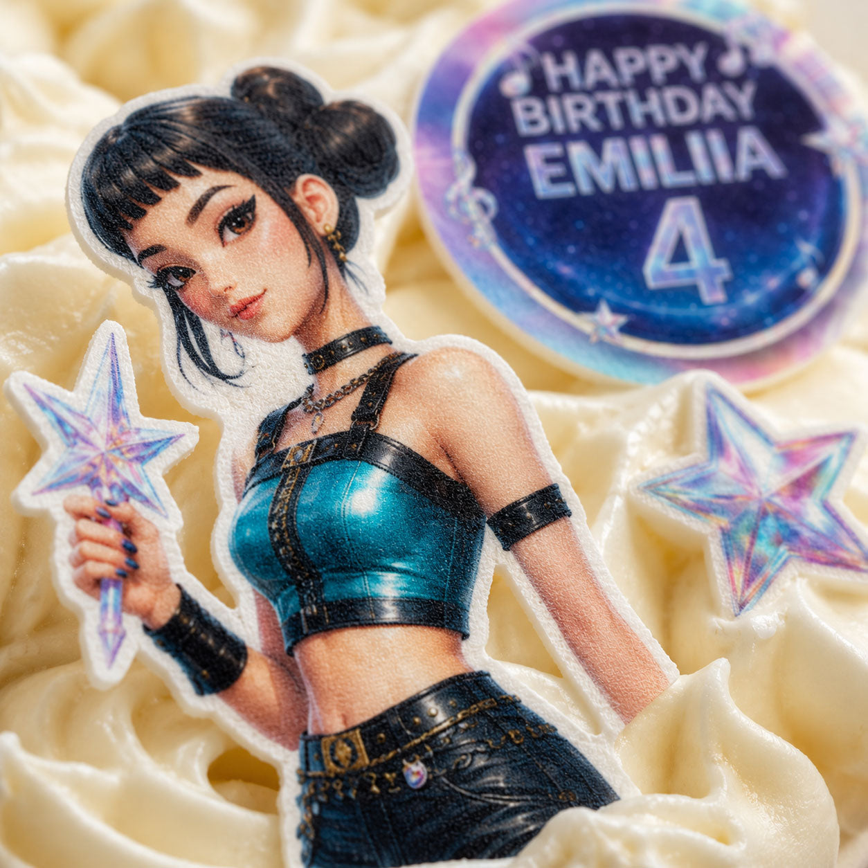 Close-up of K-Pop idol edible cake topper character design next to personalized birthday text