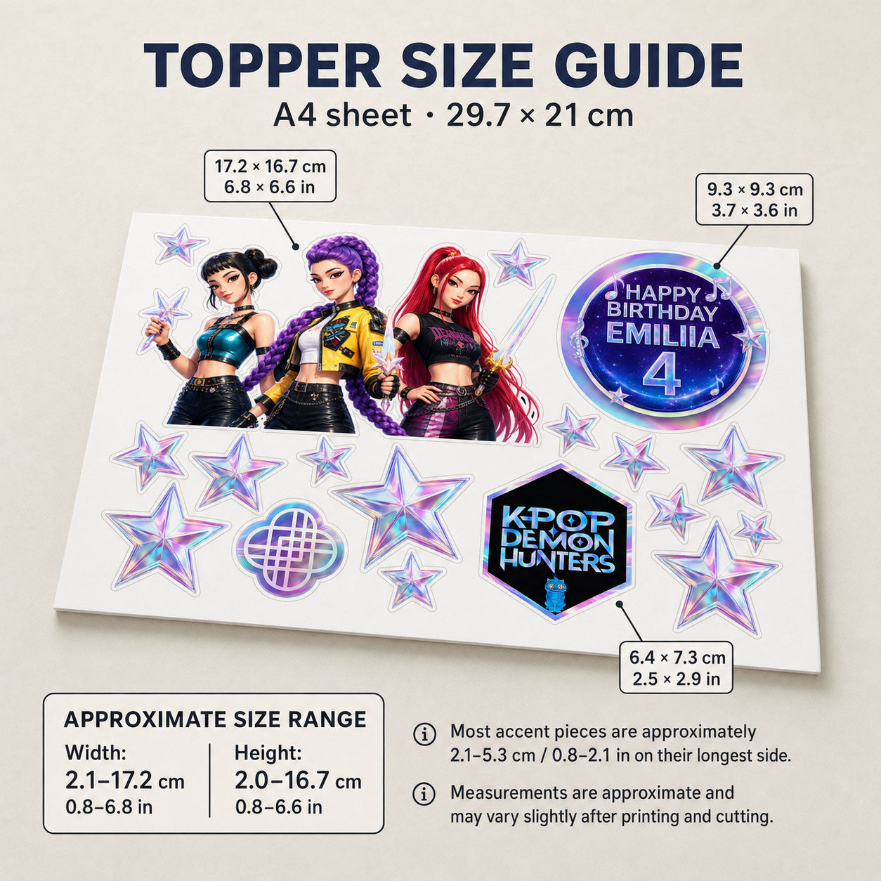 K-Pop idol group edible topper size guide showing main scene, birthday circle, badge and stars with dimensions