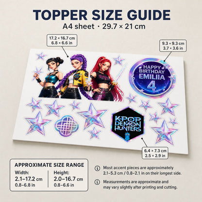 K-Pop idol group edible topper size guide showing main scene, birthday circle, badge and stars with dimensions