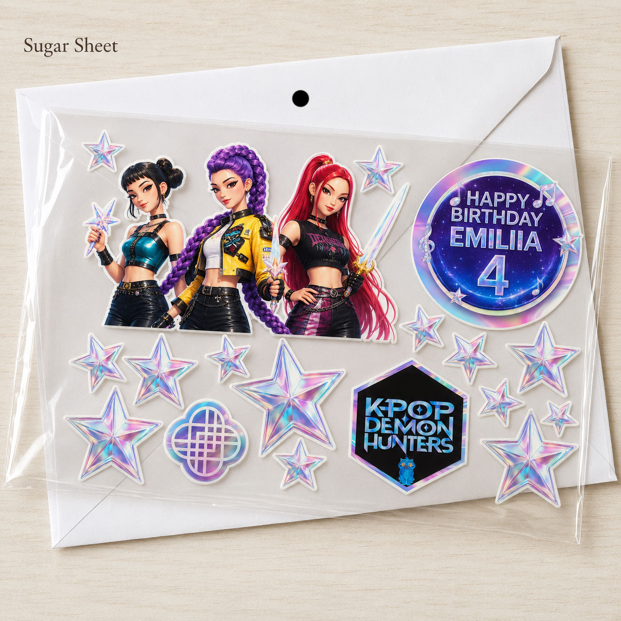 K-Pop idol group edible cake topper sheet packaged flat in a protective sleeve, sugar sheet material