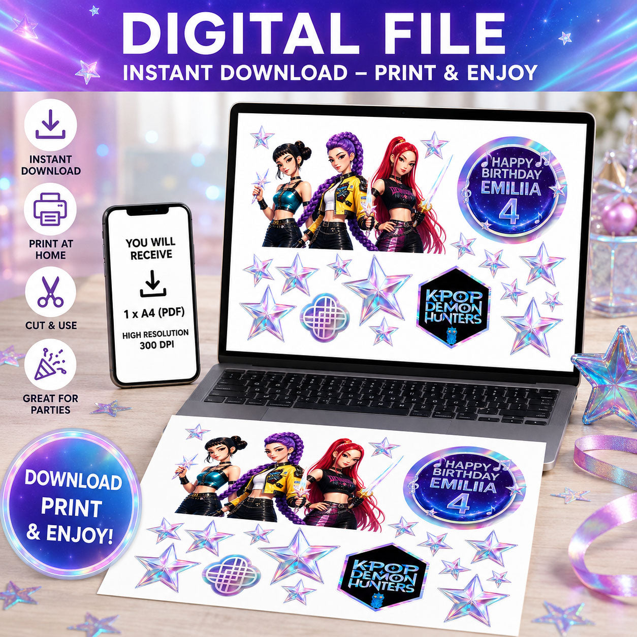 Digital file option for K-Pop idol group edible cake topper design, instant download to print at home