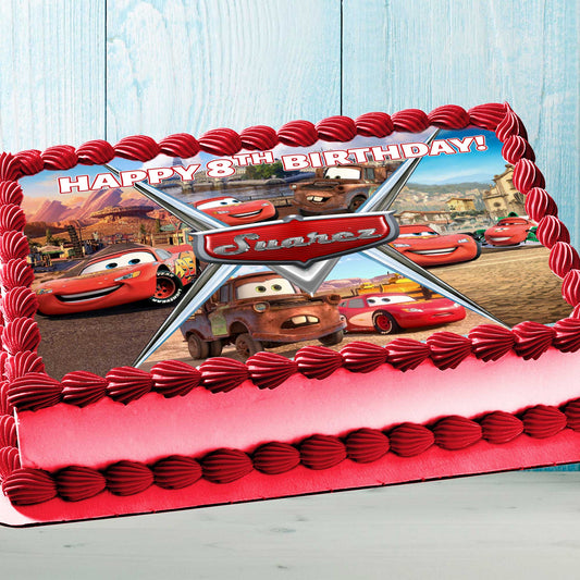 Lightning McQueen Cars Birthday Themed Edible Cake Topper - Rectangular Design - Wafer Paper, Sugar Sheet, Chocotransfer