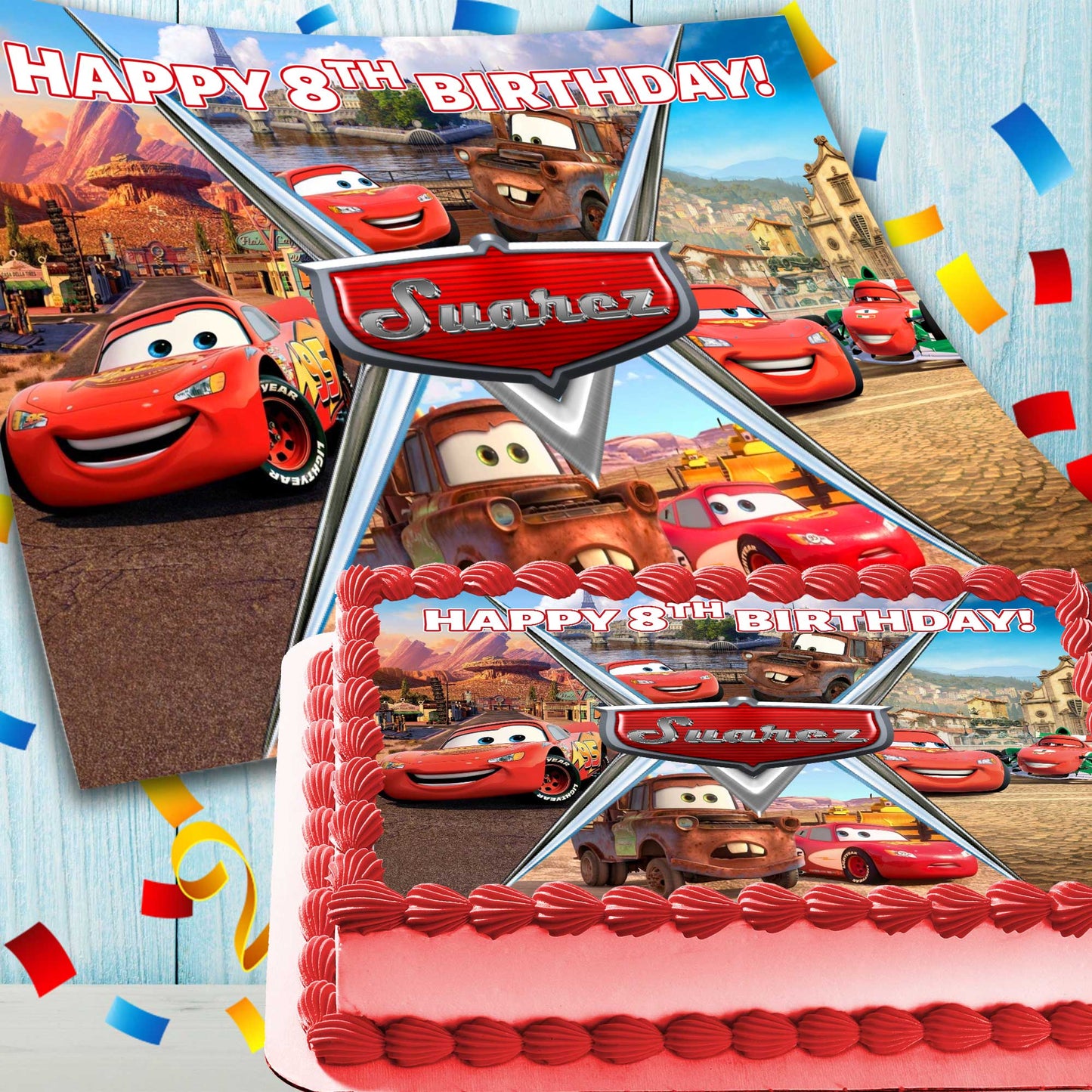 Lightning McQueen Cars Birthday Themed Edible Cake Topper - Rectangular Design - Wafer Paper, Sugar Sheet, Chocotransfer