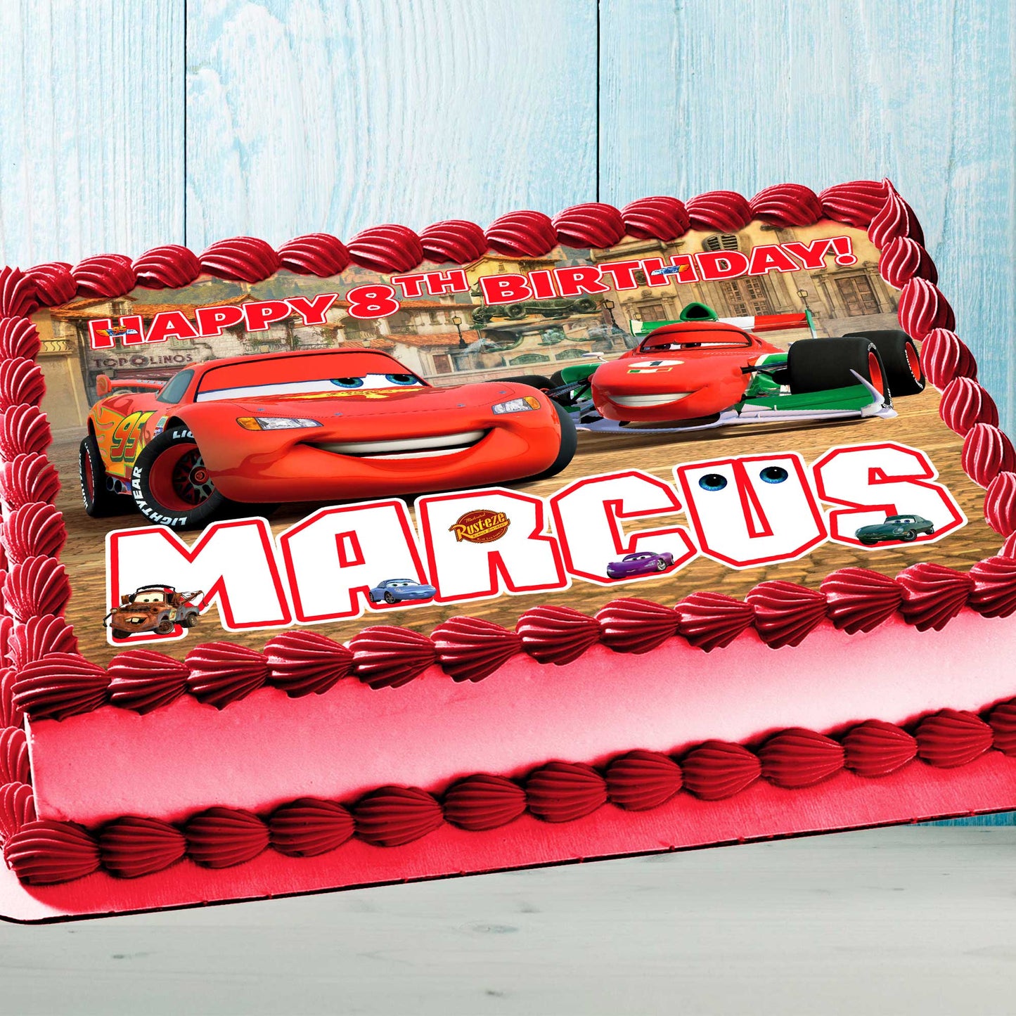 Lightning McQueen Cars Birthday Themed Edible Cake Topper - Rectangular Design - Wafer Paper, Sugar Sheet, Chocotransfer