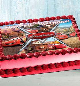 Lightning McQueen Cars Birthday Themed Edible Cake Topper - Rectangular Design - Wafer Paper, Sugar Sheet, Chocotransfer