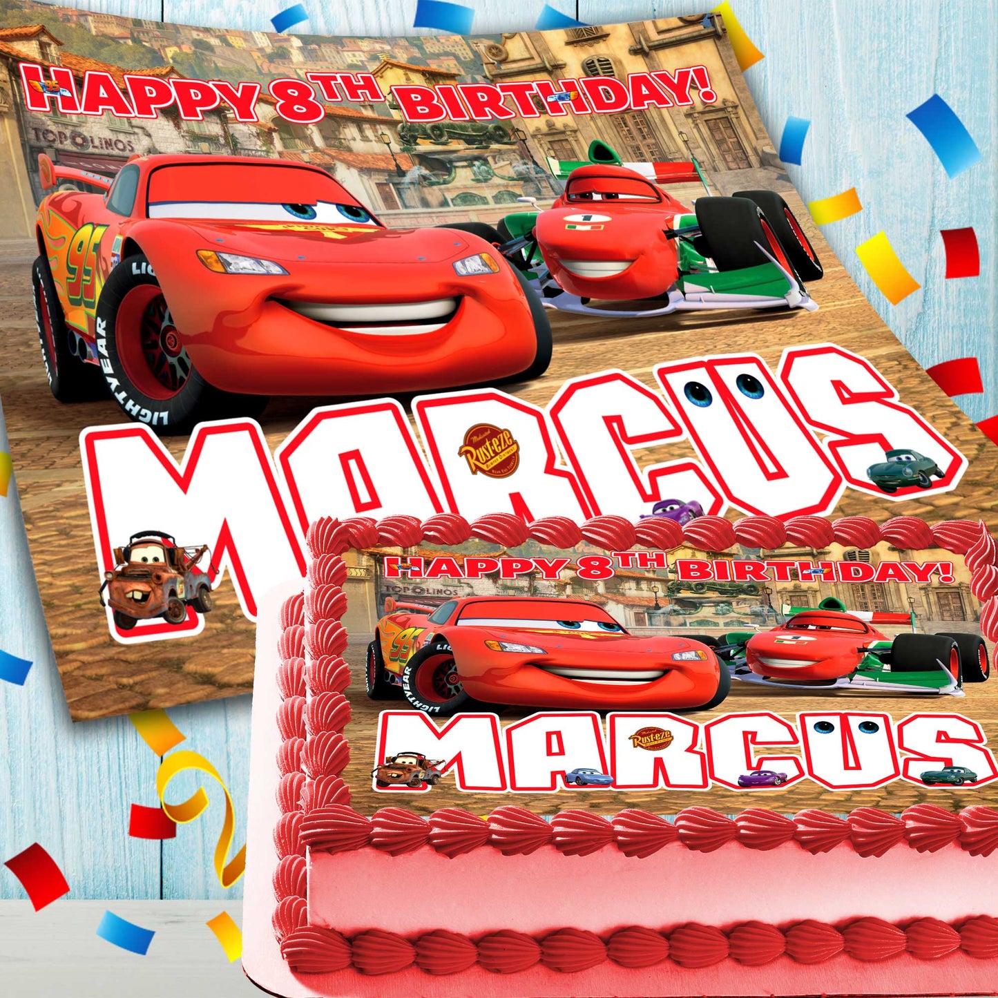 Lightning McQueen Cars Birthday Themed Edible Cake Topper - Rectangular Design - Wafer Paper, Sugar Sheet, Chocotransfer