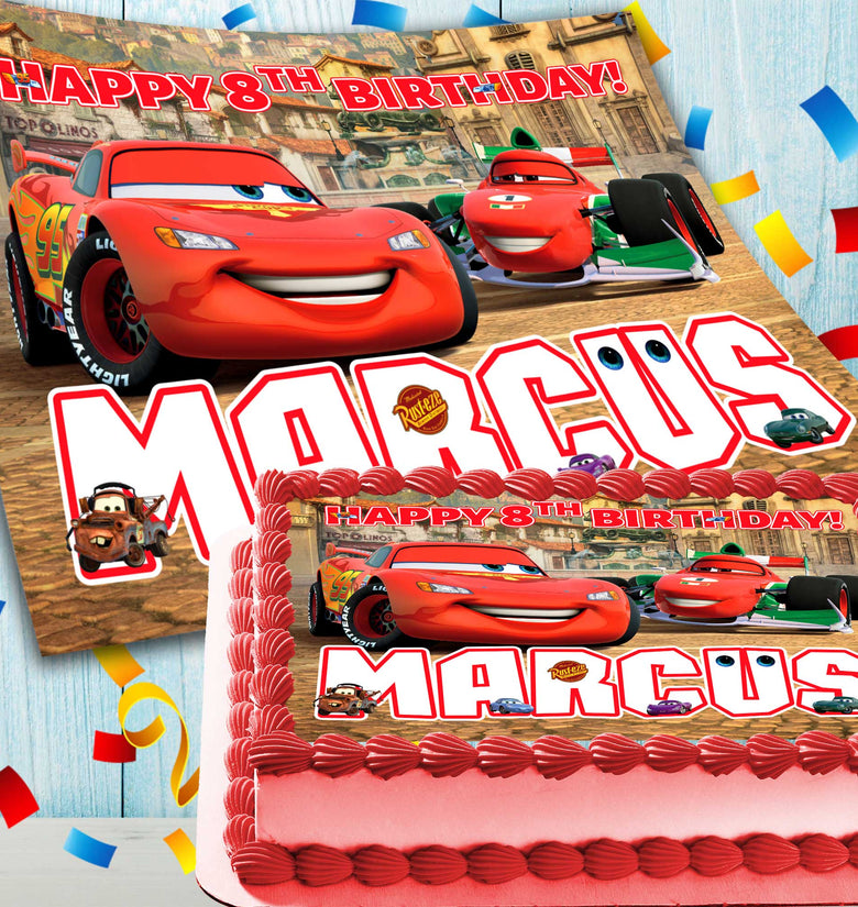 Lightning McQueen Cars Birthday Themed Edible Cake Topper - Rectangular Design - Wafer Paper, Sugar Sheet, Chocotransfer