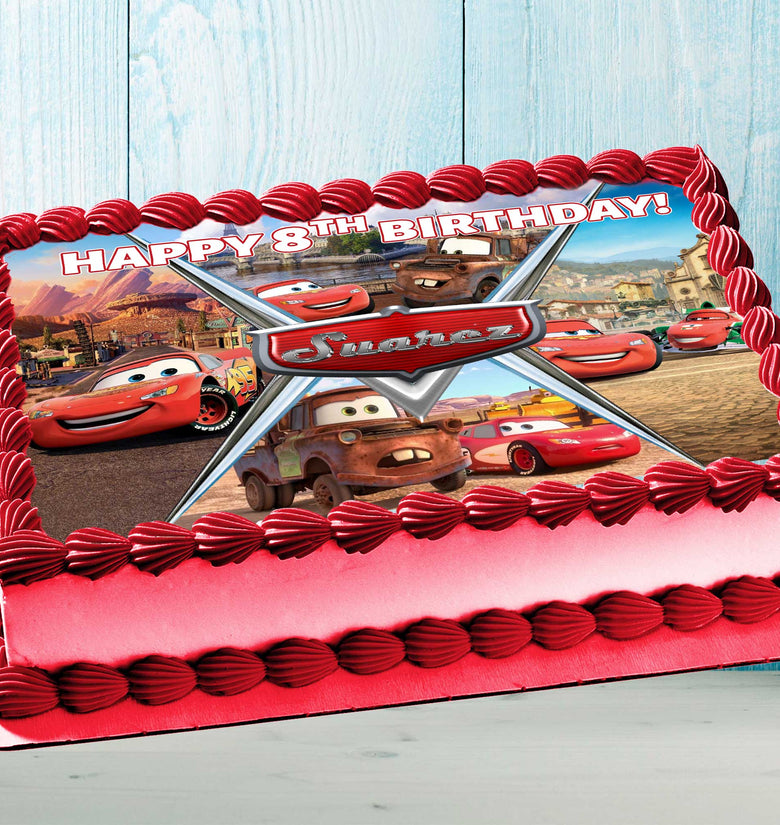 Lightning McQueen Cars Birthday Themed Edible Cake Topper - Rectangular Design - Wafer Paper, Sugar Sheet, Chocotransfer