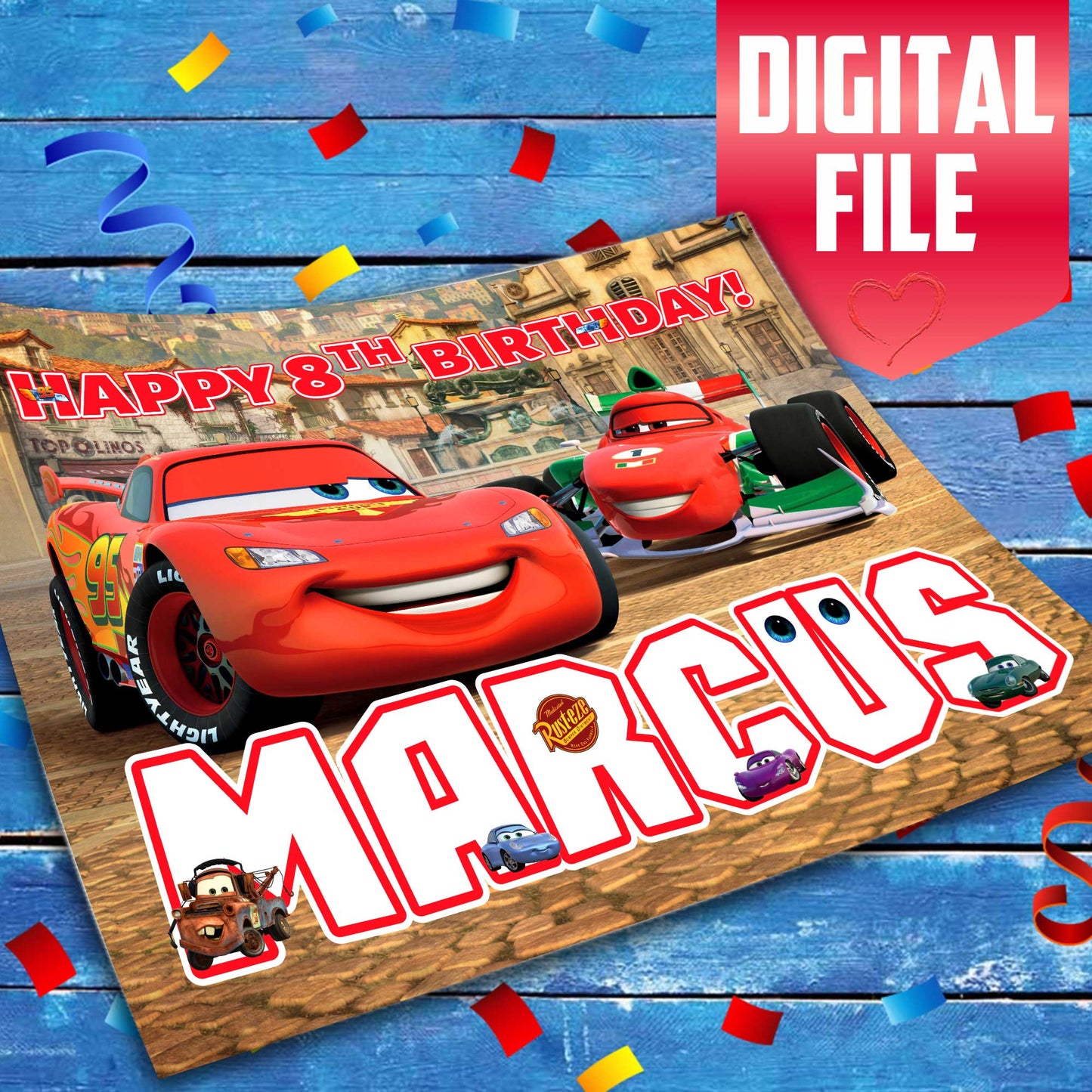 Lightning McQueen Cars Birthday Themed Edible Cake Topper - Rectangular Design - Wafer Paper, Sugar Sheet, Chocotransfer