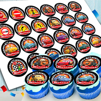 Edible Lightning McQueen Cars cupcake toppers with personalization 24 ready-made pieces - on waffle paper, sugar sheet or no-cut Chocotransfer