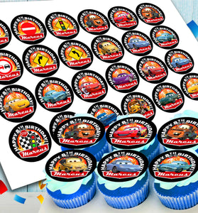 Edible Lightning McQueen Cars cupcake toppers with personalization 24 ready-made pieces - on waffle paper, sugar sheet or no-cut Chocotransfer