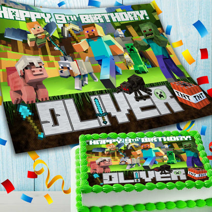 Minecraft Birthday Themed Edible Cake Topper - Rectangular Design - Wafer Paper, Sugar Sheet, Chocotransfer