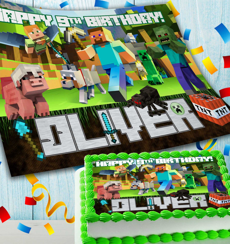 Rectangular Cake Minecraft Minecraft Birthday Themed Edible Cake Topper - Rectangular Design - Wa ...