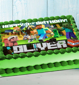 Minecraft Birthday Themed Edible Cake Topper - Rectangular Design - Wafer Paper, Sugar Sheet, Chocotransfer