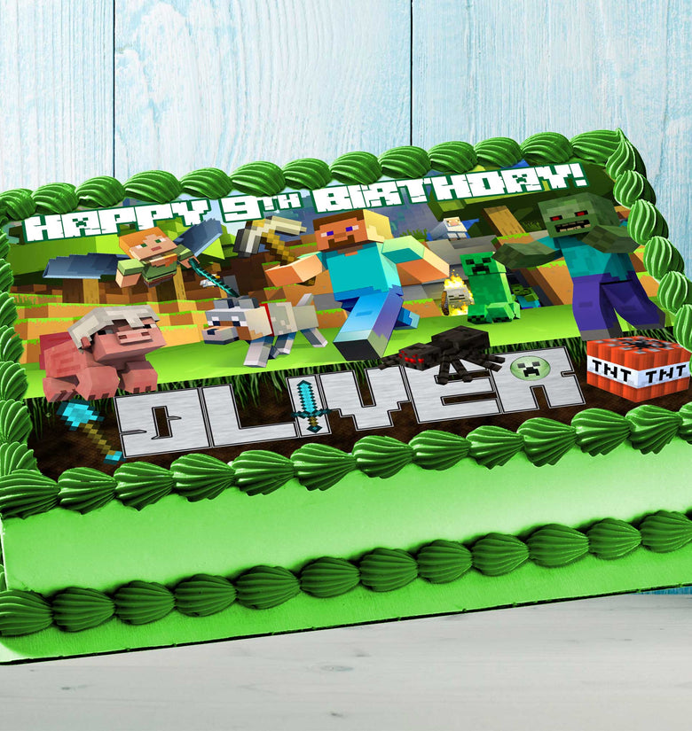 Minecraft Birthday Themed Edible Cake Topper - Rectangular Design - Wafer Paper, Sugar Sheet, Chocotransfer