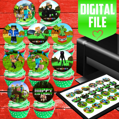 Minecraft Edible Cupcake Toppers - 24 Pre-Cut Pieces on Wafer Paper, Sugar Sheet, or without cutting Chocotransfer