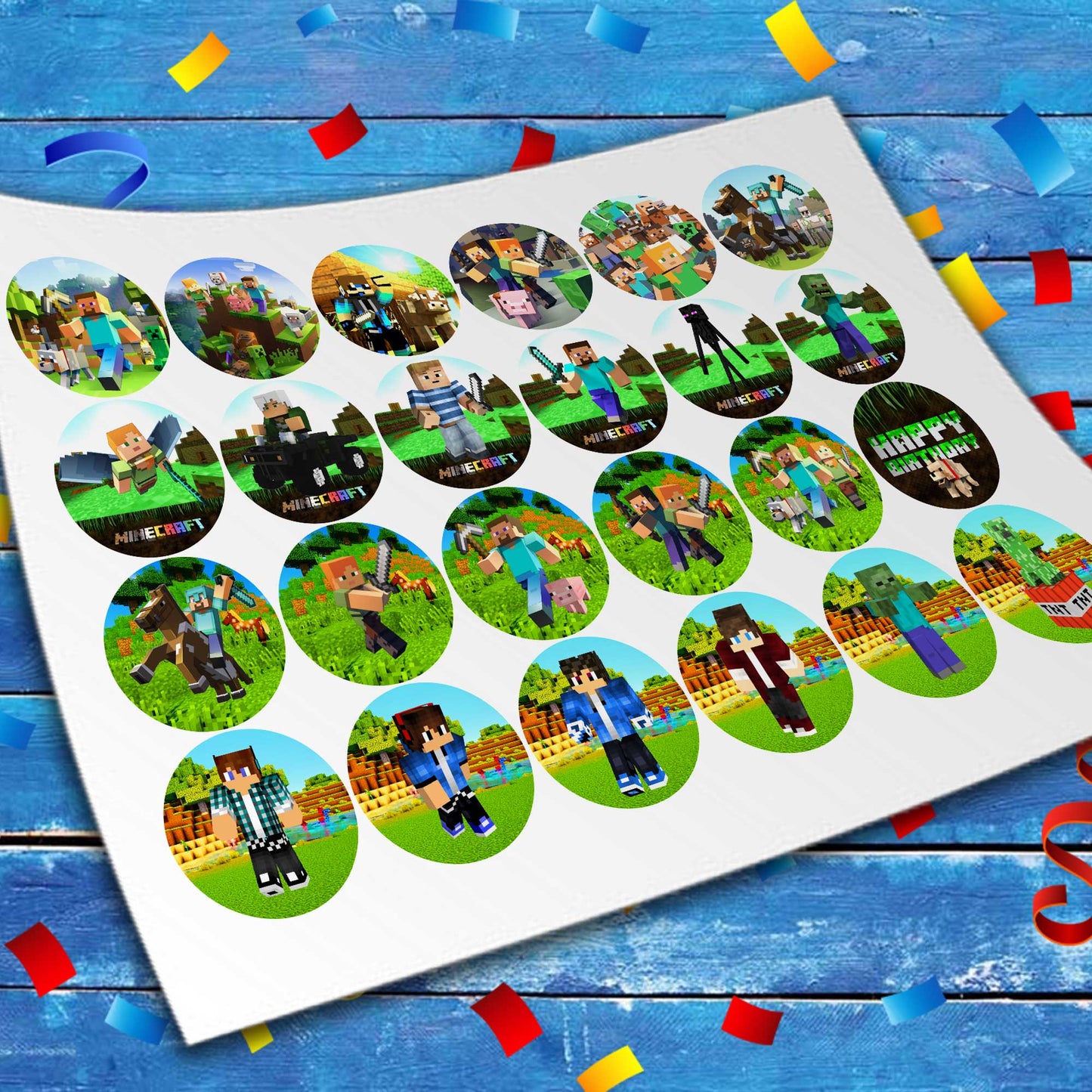 Minecraft Edible Cupcake Toppers - 24 Pre-Cut Pieces on Wafer Paper, Sugar Sheet, or without cutting Chocotransfer