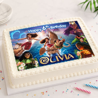 Moana birthday edible cake topper personalized with name and age on a rectangular cake