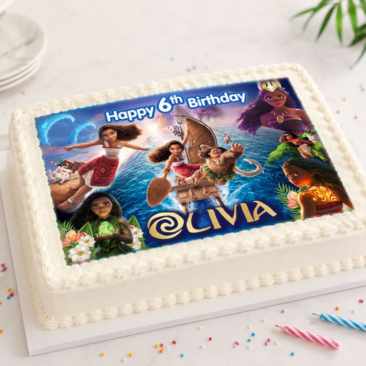 Moana birthday edible cake topper personalized with name and age on a rectangular cake